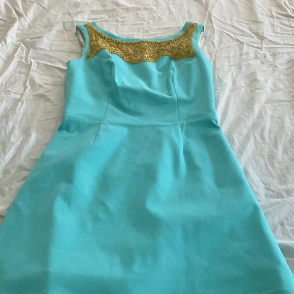 Aqua blue with gold stitch detailing dress